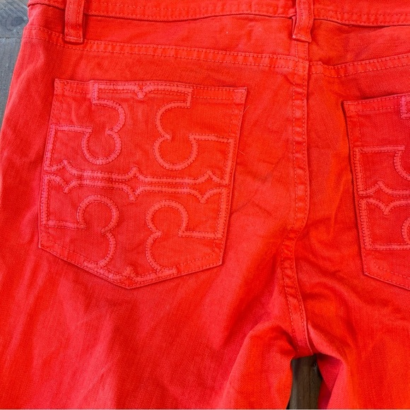Tory Burch Cropped Slim Boot Jeans Womens 30 Red Low Rise Pants Stretch Preppy - Picture 11 of 12